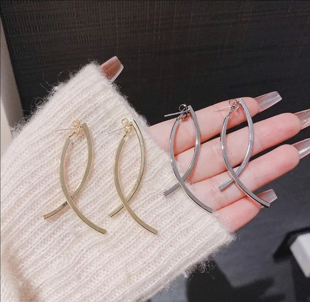 Sterling Silver and Gold Plated Long Drop Curved Bar Earrings Ear Jacket Design