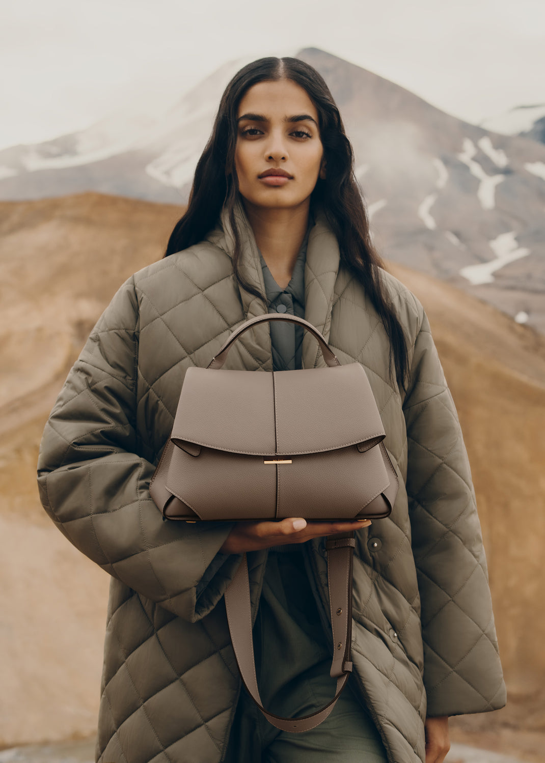 Polène Mokki Leather Handbag in Taupe