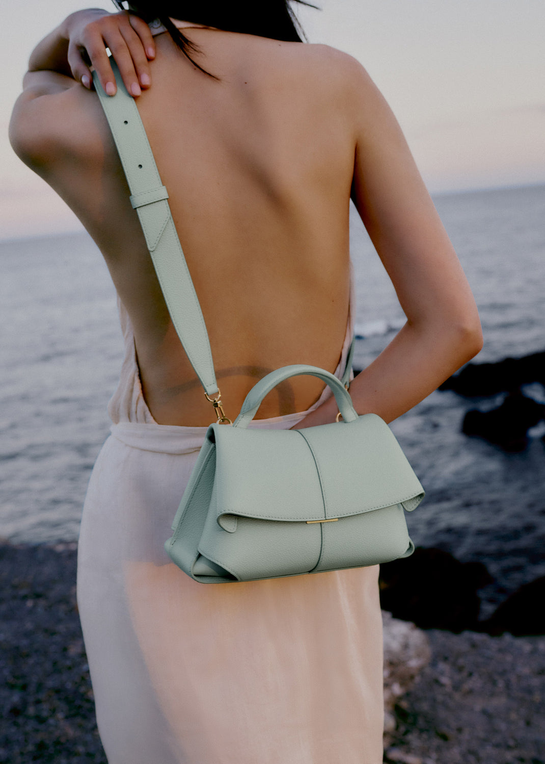 New Polène/Mokki Textured Leather Handbag in Sea Foam