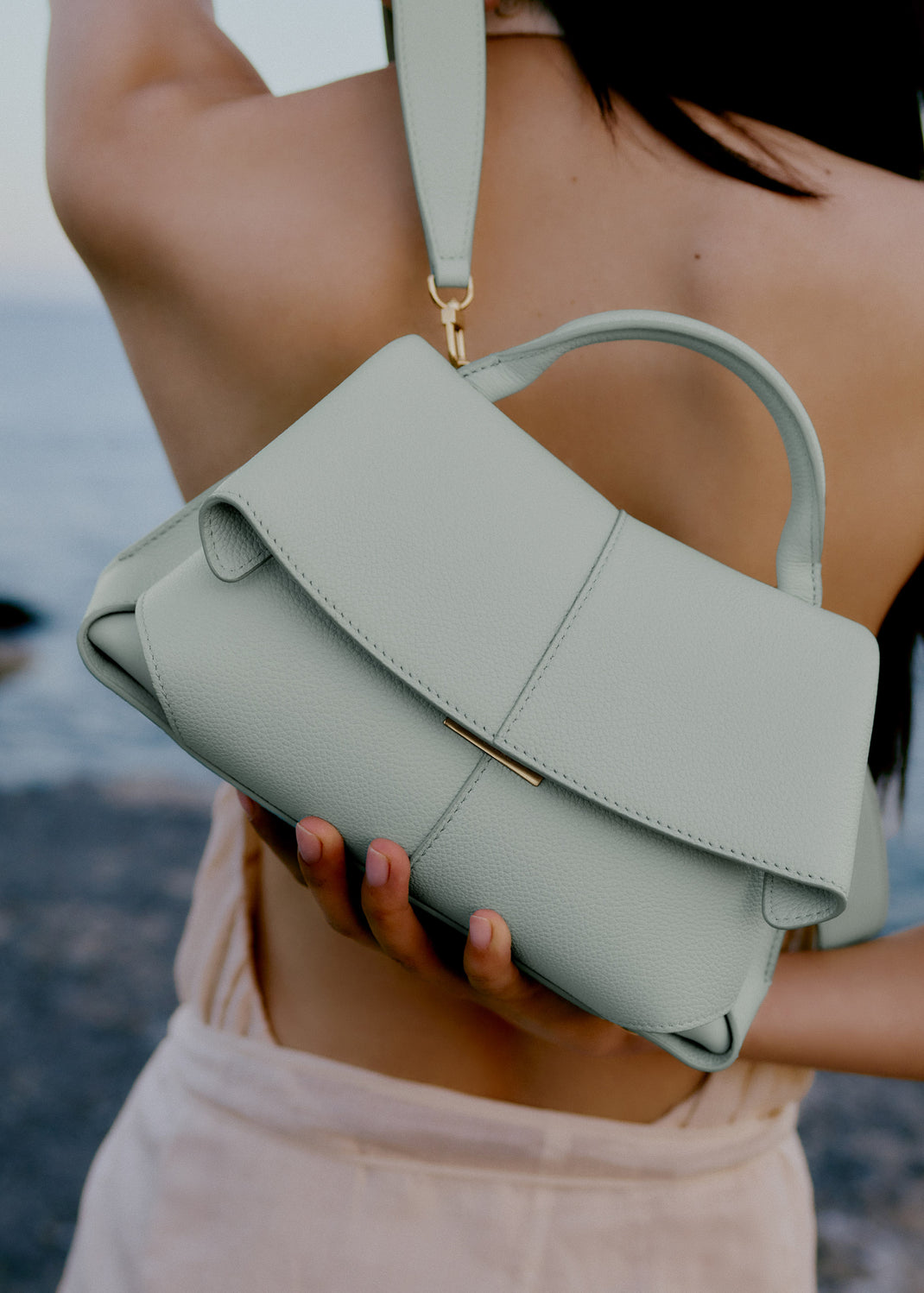 New Polène/Mokki Textured Leather Handbag in Sea Foam