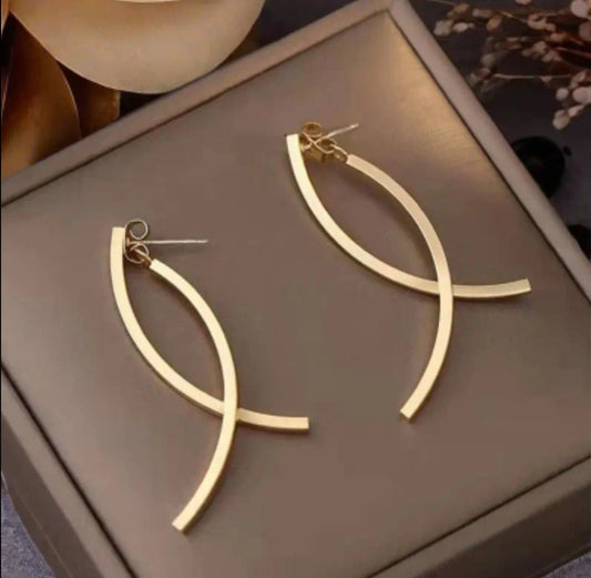Sterling Silver and Gold Plated Long Drop Curved Bar Earrings Ear Jacket Design
