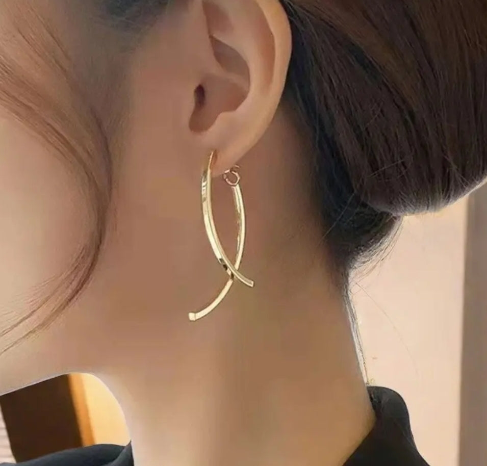 Sterling Silver and Gold Plated Long Drop Curved Bar Earrings Ear Jacket Design