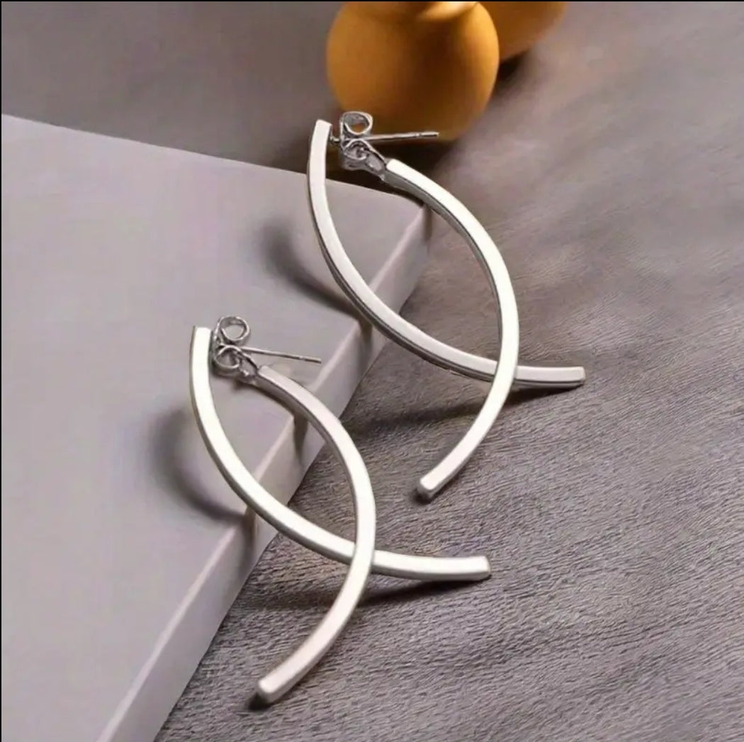 Sterling Silver and Gold Plated Long Drop Curved Bar Earrings Ear Jacket Design
