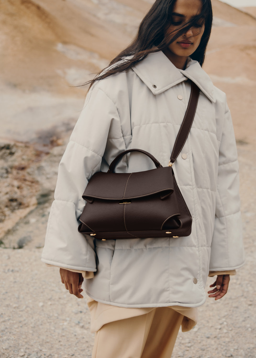 Polène Mokki Leather Handbag in Ebony