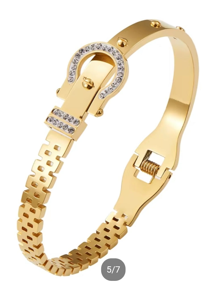 Stainless Steel Silver Belt Bangle CZ Cuff