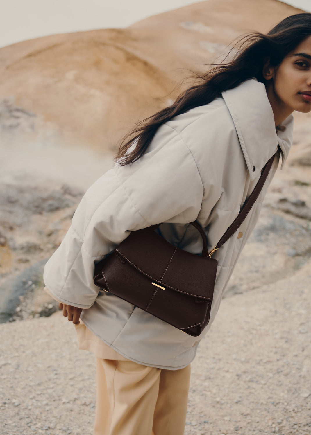 Polène Mokki Leather Handbag in Ebony