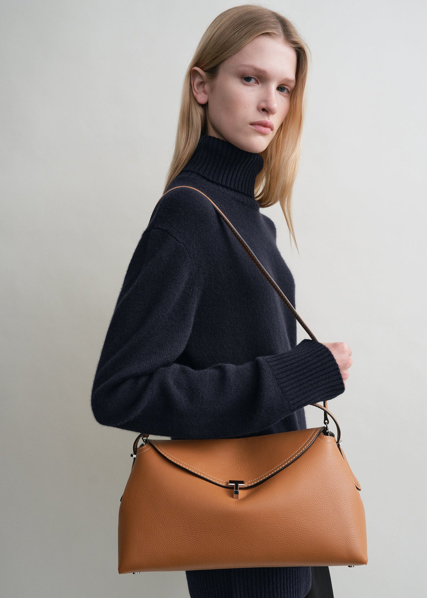 Totême T-Lock Leather Top Handle in Camel