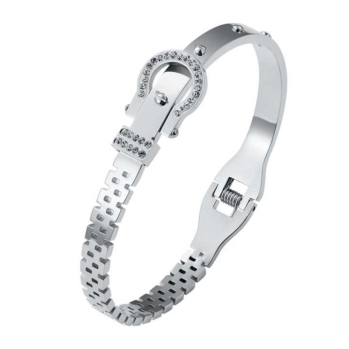 Stainless Steel Silver Belt Bangle CZ Cuff