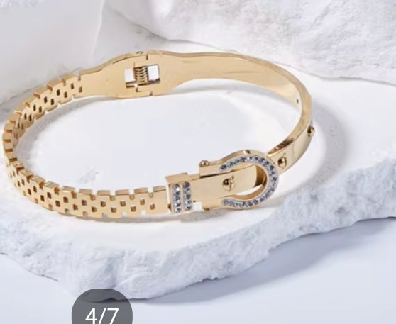 Stainless Steel Silver Belt Bangle CZ Cuff