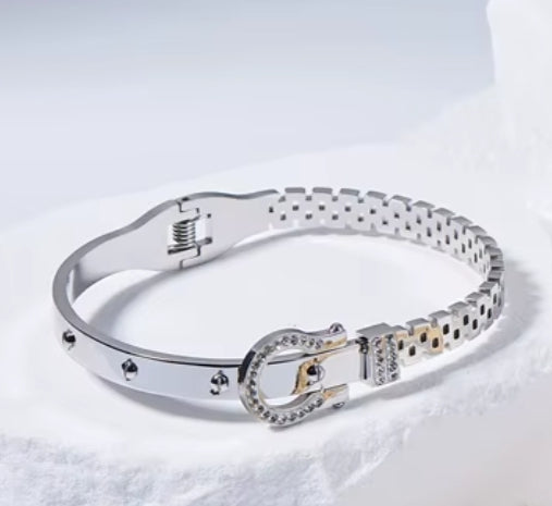Stainless Steel Silver Belt Bangle CZ Cuff
