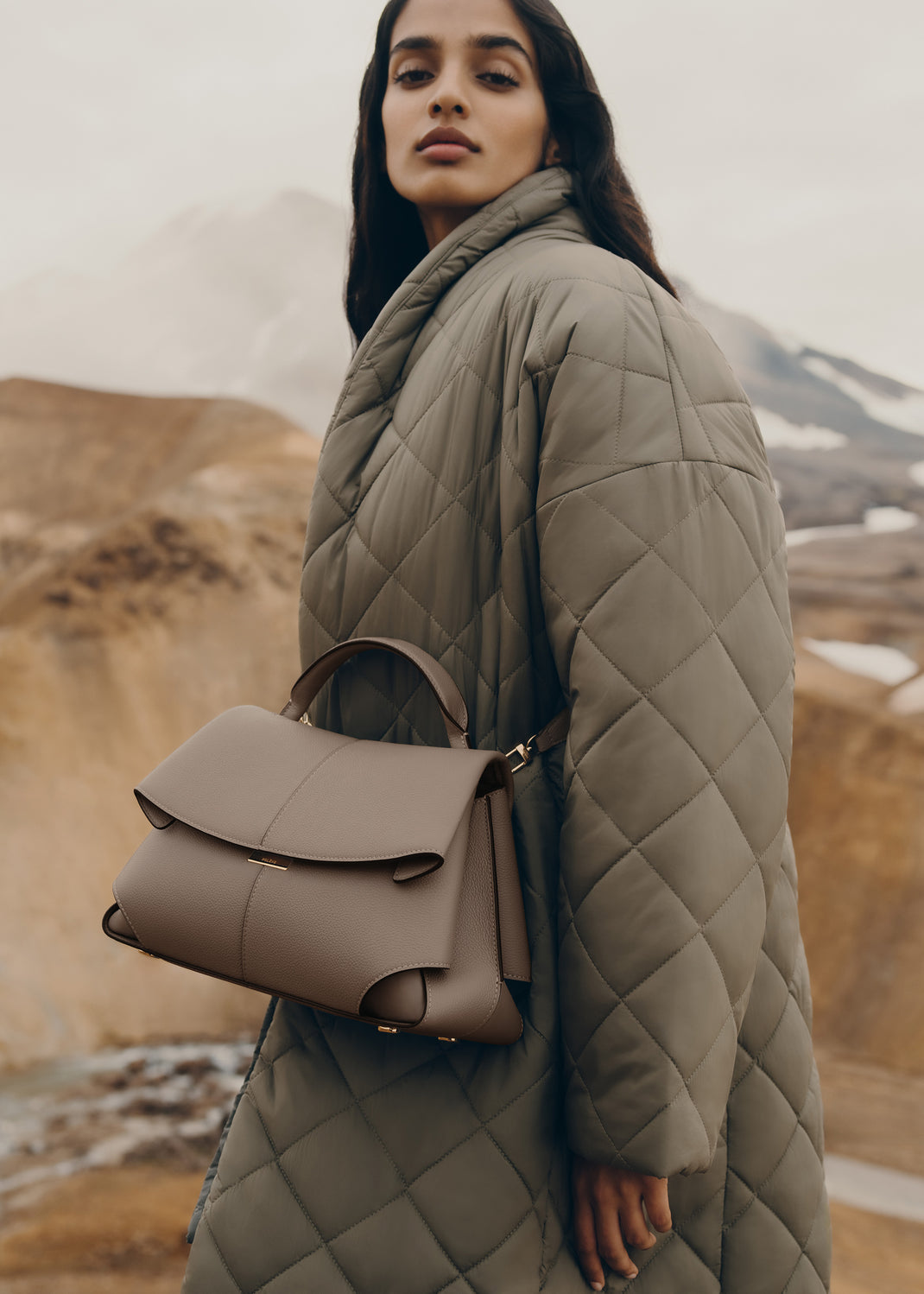 Polène Mokki Leather Handbag in Taupe