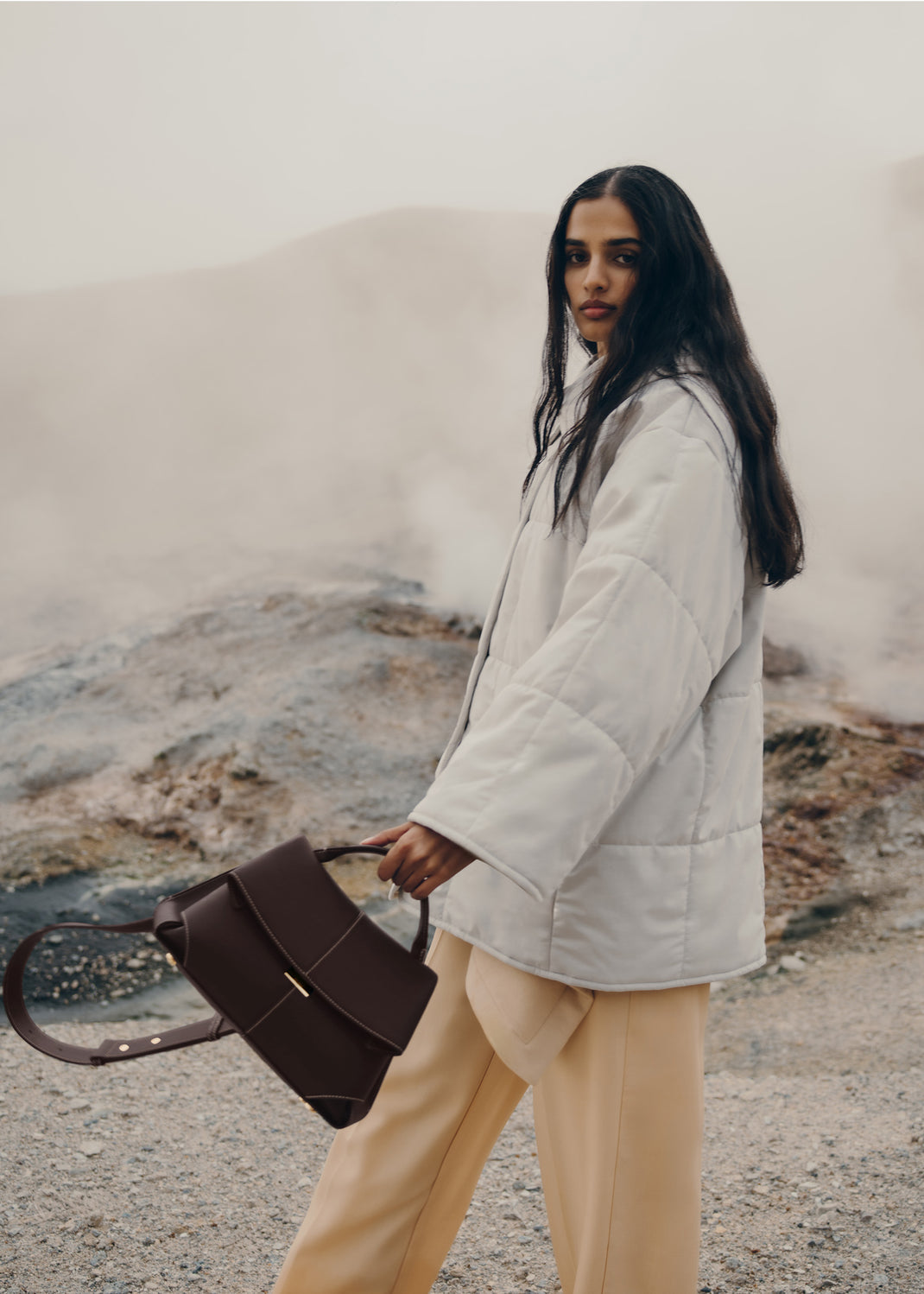 Polène Mokki Leather Handbag in Ebony