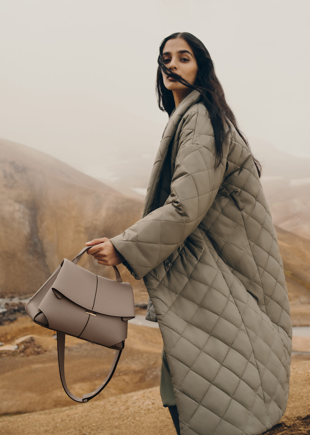 Polène Mokki Leather Handbag in Taupe