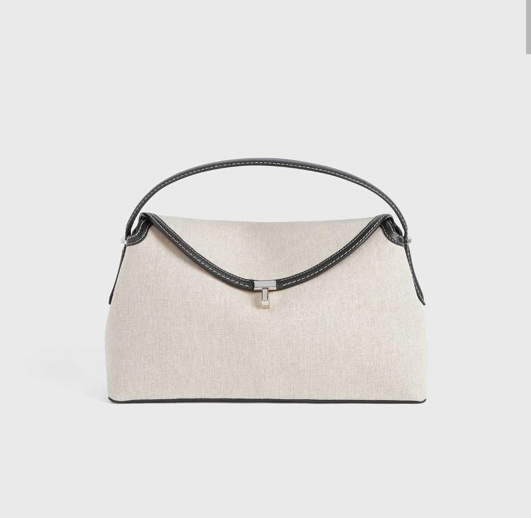 Totême T-Lock Canvas Top Handle in Ecru/Black