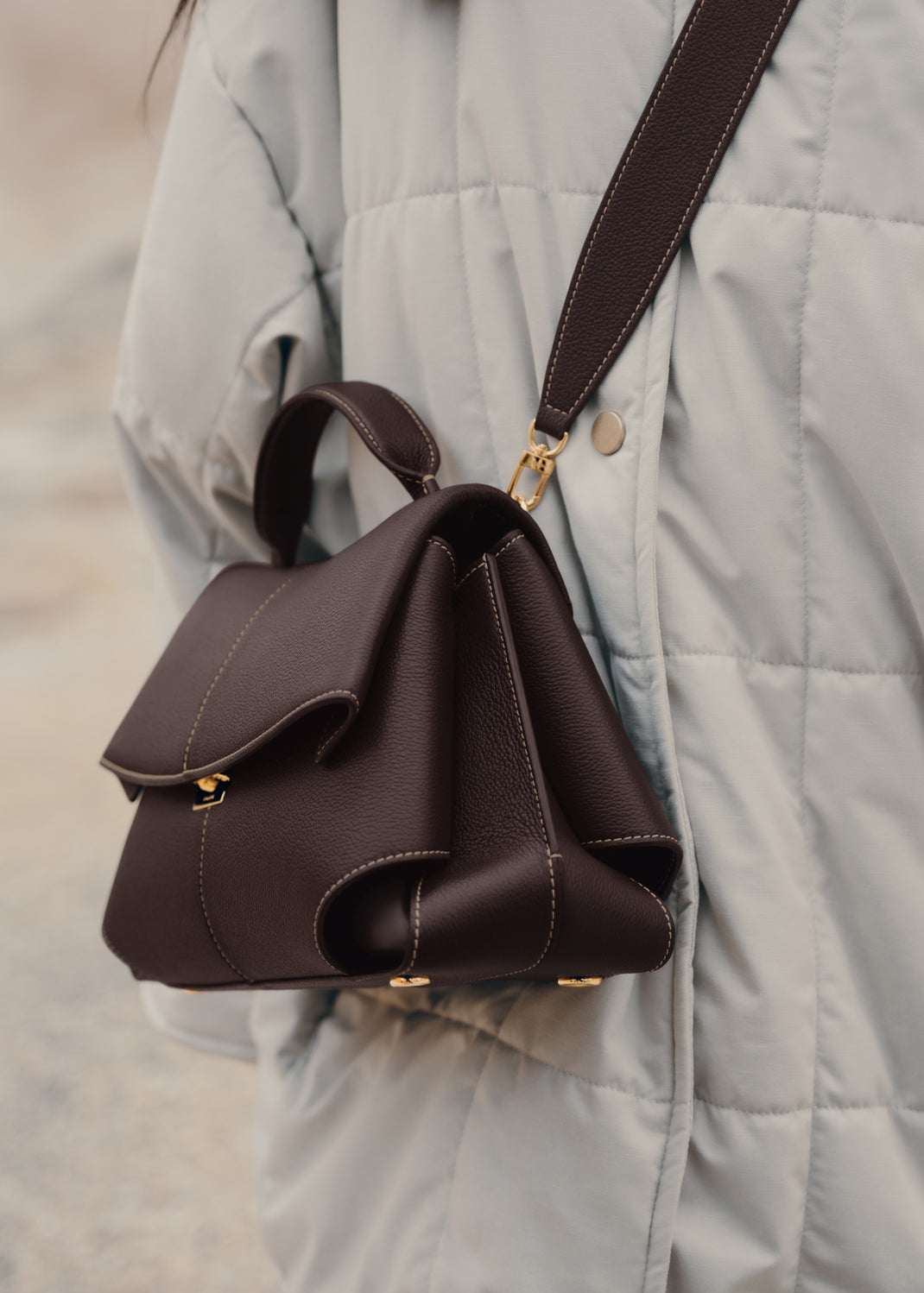 Polène Mokki Leather Handbag in Ebony