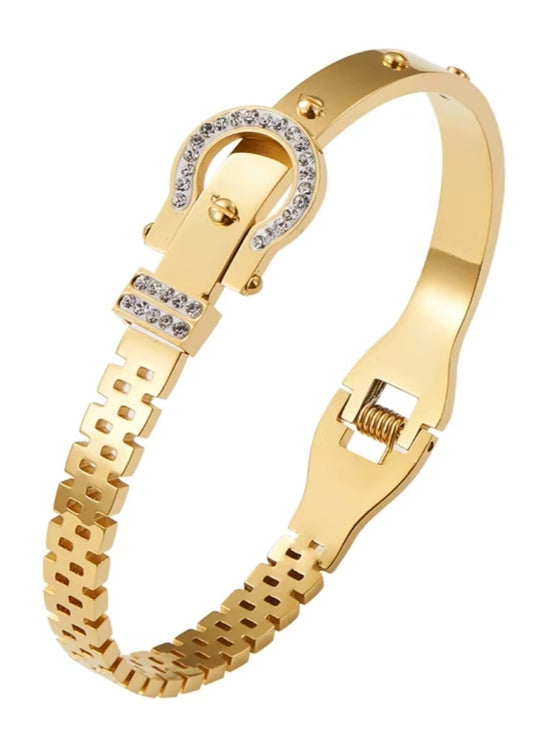 Stainless Steel Silver Belt Bangle CZ Cuff